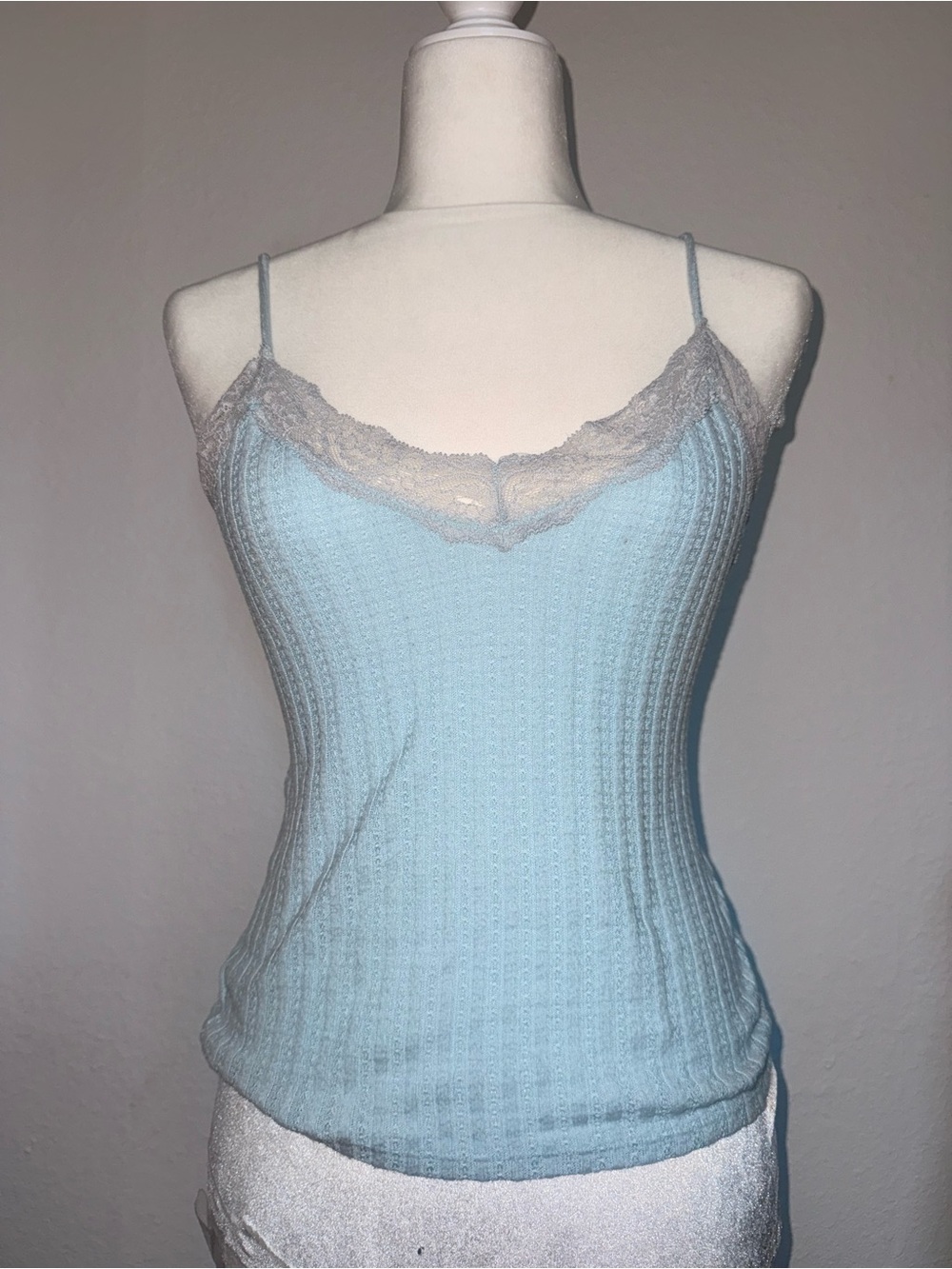 199. Light Blue Lace-Trim Ribbed Camisole Top